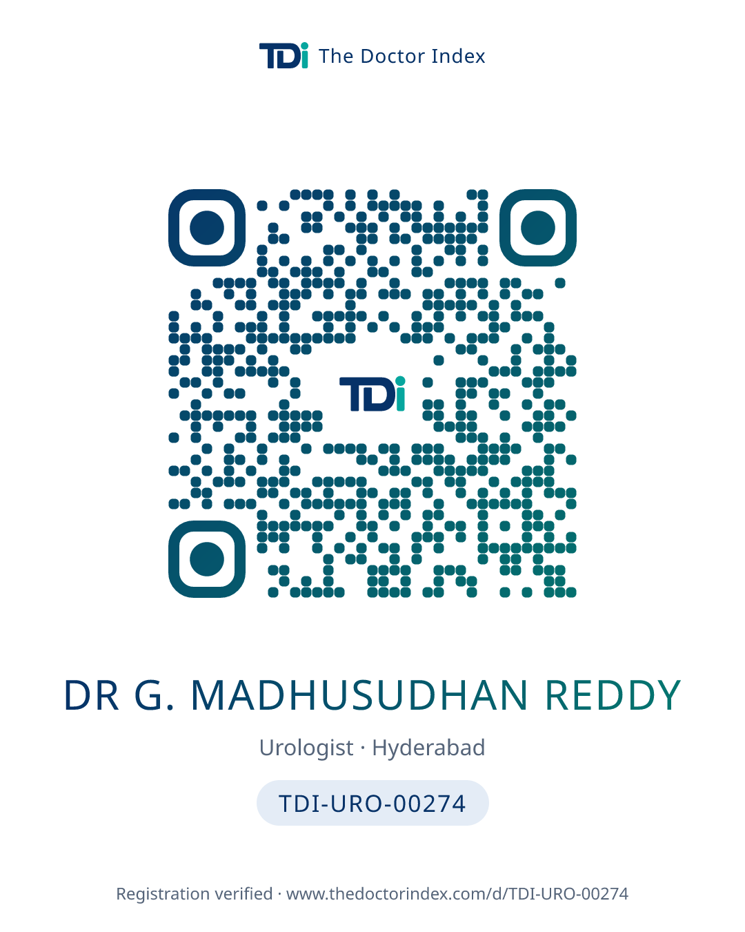 QR card for Dr G. Madhusudhan Reddy, TDI-URO-00274