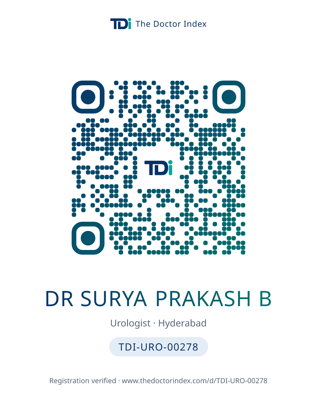 QR card for Dr Surya Prakash B, TDI-URO-00278