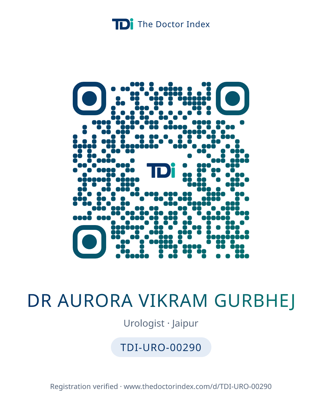 QR card for Dr Aurora Vikram Gurbhej, TDI-URO-00290