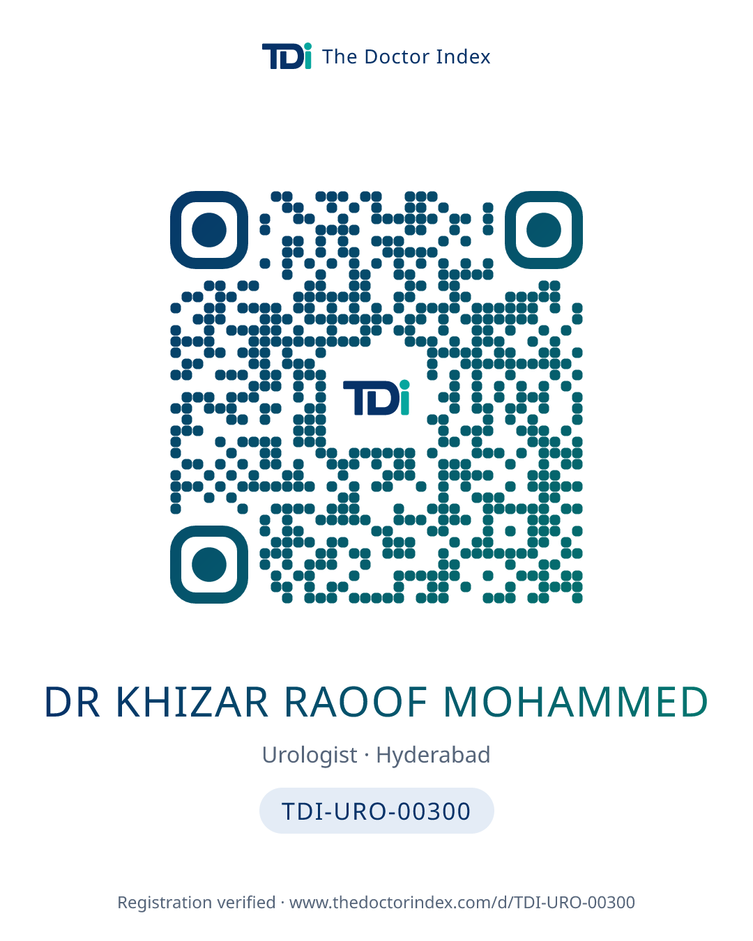 QR card for Dr Khizar Raoof Mohammed, TDI-URO-00300