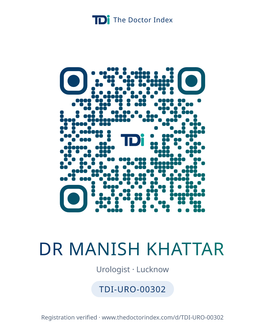 QR card for Dr Manish Khattar, TDI-URO-00302
